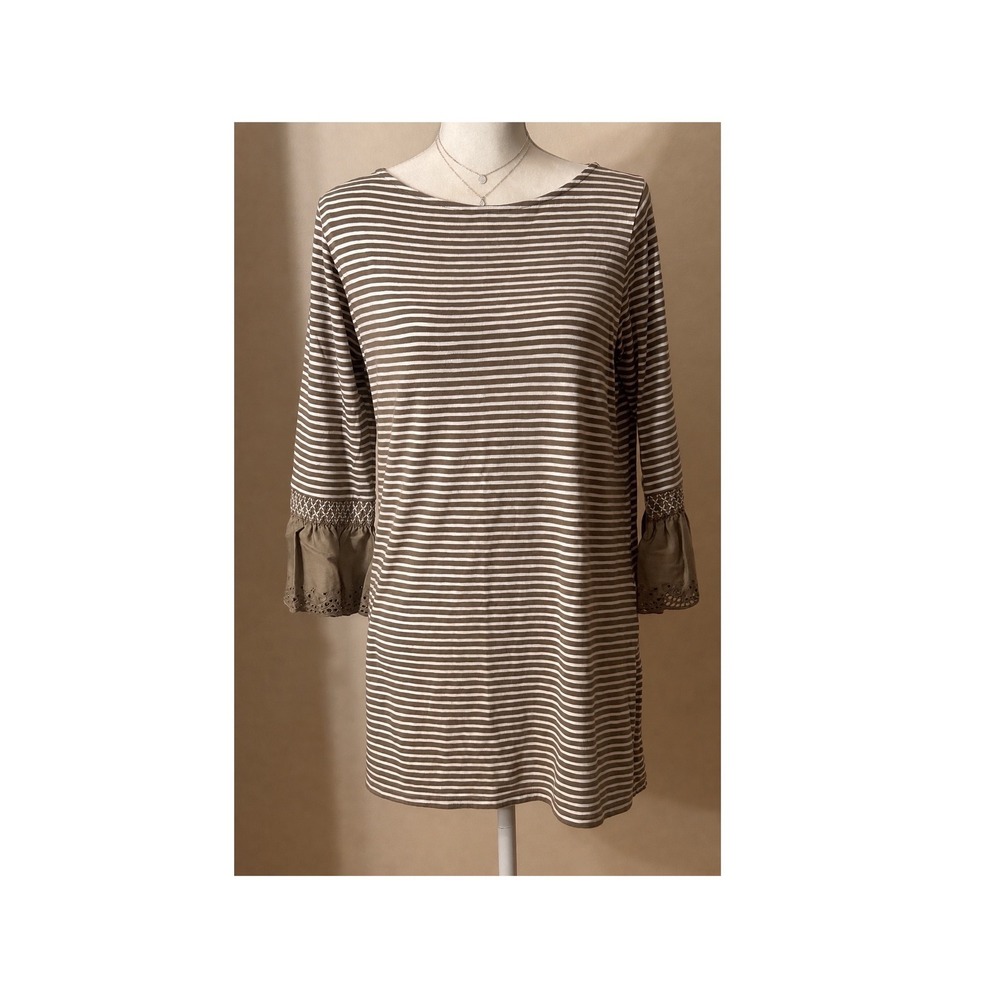 J.Jill Tunic Top Cotton Modal S Olive Brown & White Striped Eyelet Boho Coastal